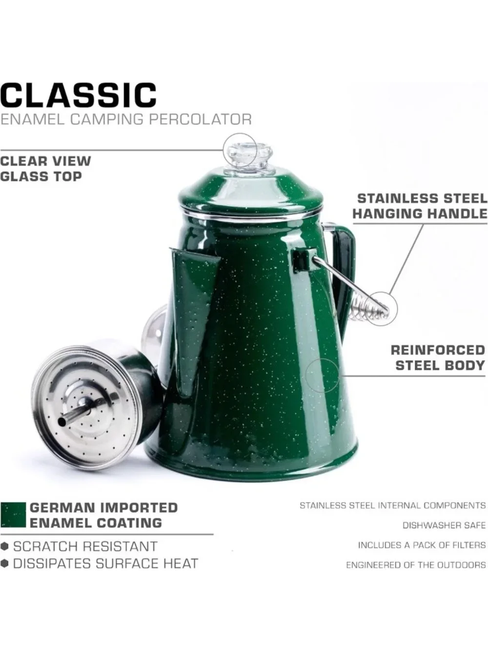 Vintage-Style 12-Cup Enamel Camping Coffee Pot - Classic Percolator, Green